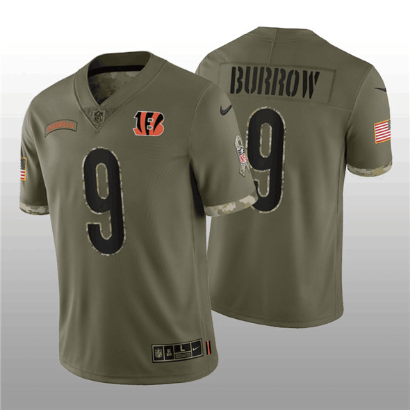 Men's Cincinnati Bengals #9 Joe Burrow 2022 Olive Salute To Service Limited Stitched Jersey